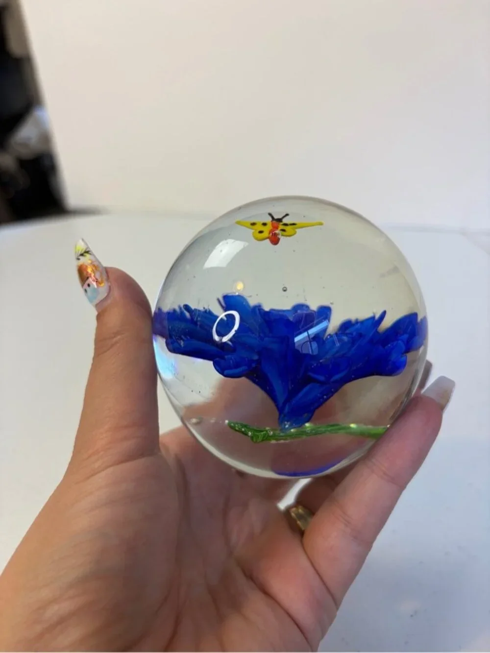 Art Glass Paperweight Blue Flower Butterfly Controlled Bubble Orb Sphere Decor